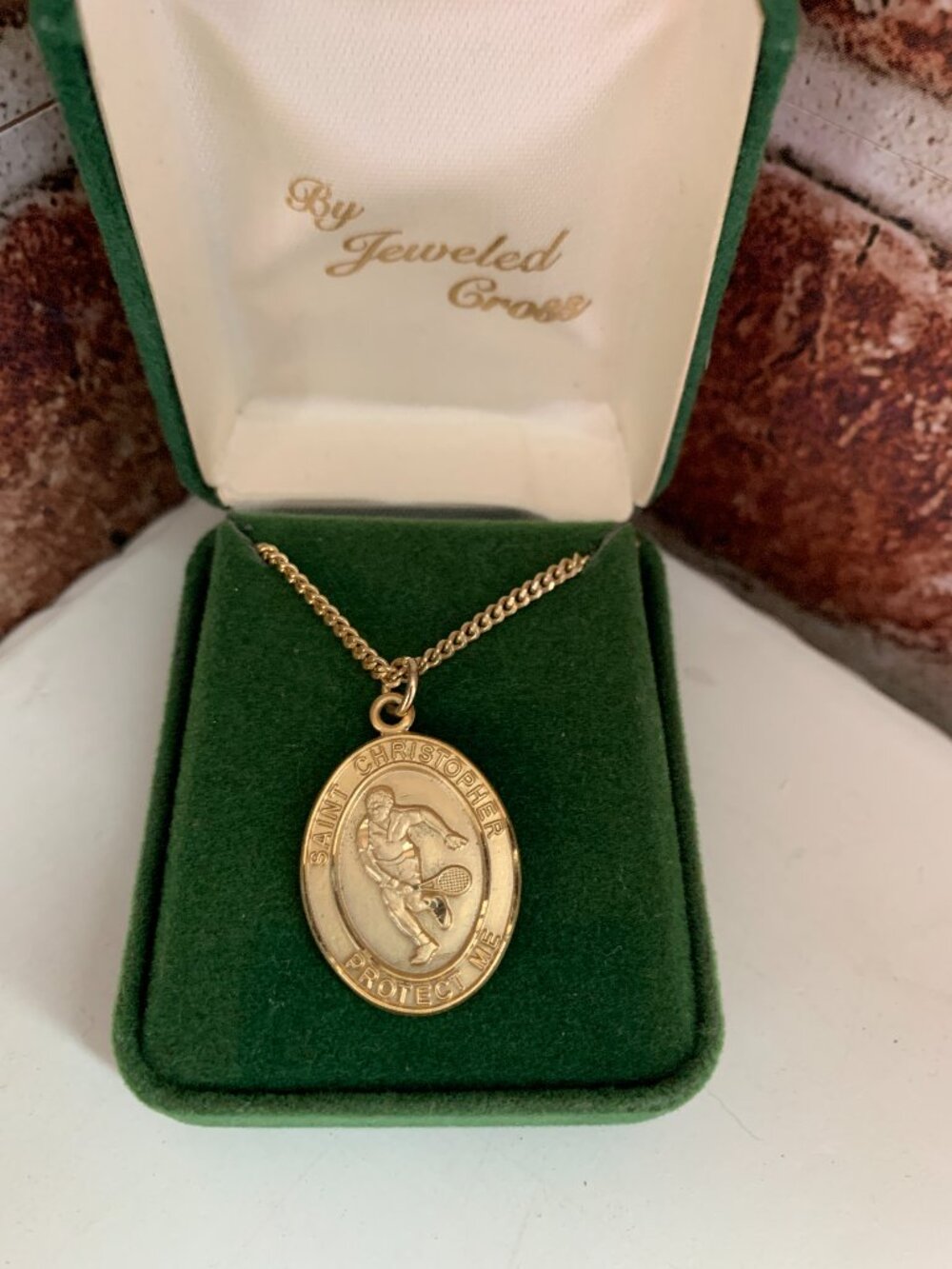 Gold-Plated St. Christopher “Tennis Boy” Medal w/ 24" Gold‑Plated Brass Chain